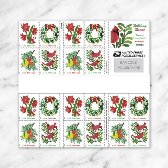 Holiday Cheer Forever Postage Stamp 1 Book of 20 First Class US Postal Christmas Celebrations Wedding Anniversary Party Traditions (20 Stamps)