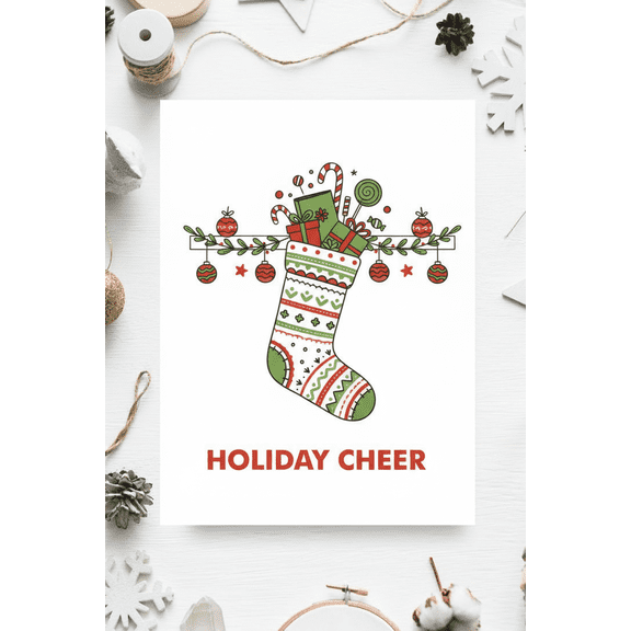 Holiday Cheer Greeting Card - Cute Christmas Stocking Design with Gifts and Ornaments - Blank Inside for Personal Messages - Ideal for Christmas Greetings and Holiday Wishes