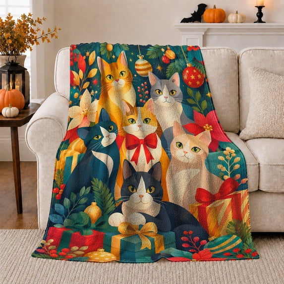 Holiday Cheer Playful Cats Festive Florals, Playful Pet Portrait Pattern, Warm Flannel Blanket for Living Room and Bedroom, Cat Lovers Just Because Gift, Pet Lover Home Decor