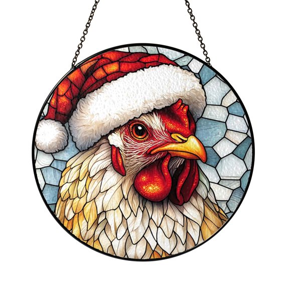 Holiday Chicken Window Suncatcher Stained Glass Style Hanging Decor, Festive Hen Decorative Glass Panel Art for Seasonal Window Decoration