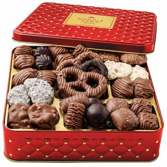 Chocolate Gift – Gourmet Tin with Assorted Chocolates & Caramels in Red Tin