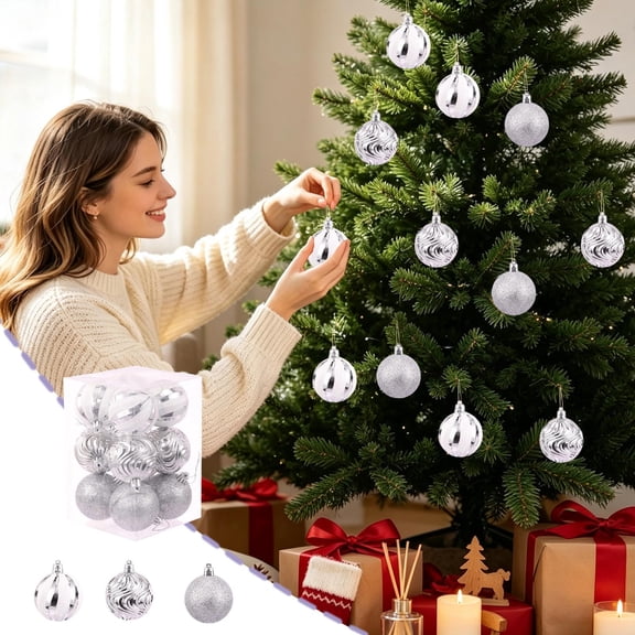 Holiday Christmas Ball Ornament Set, 12-Piece, Silver, Shatterproof Hanging Baubles for Holiday Tree, Wreath and Party Decor