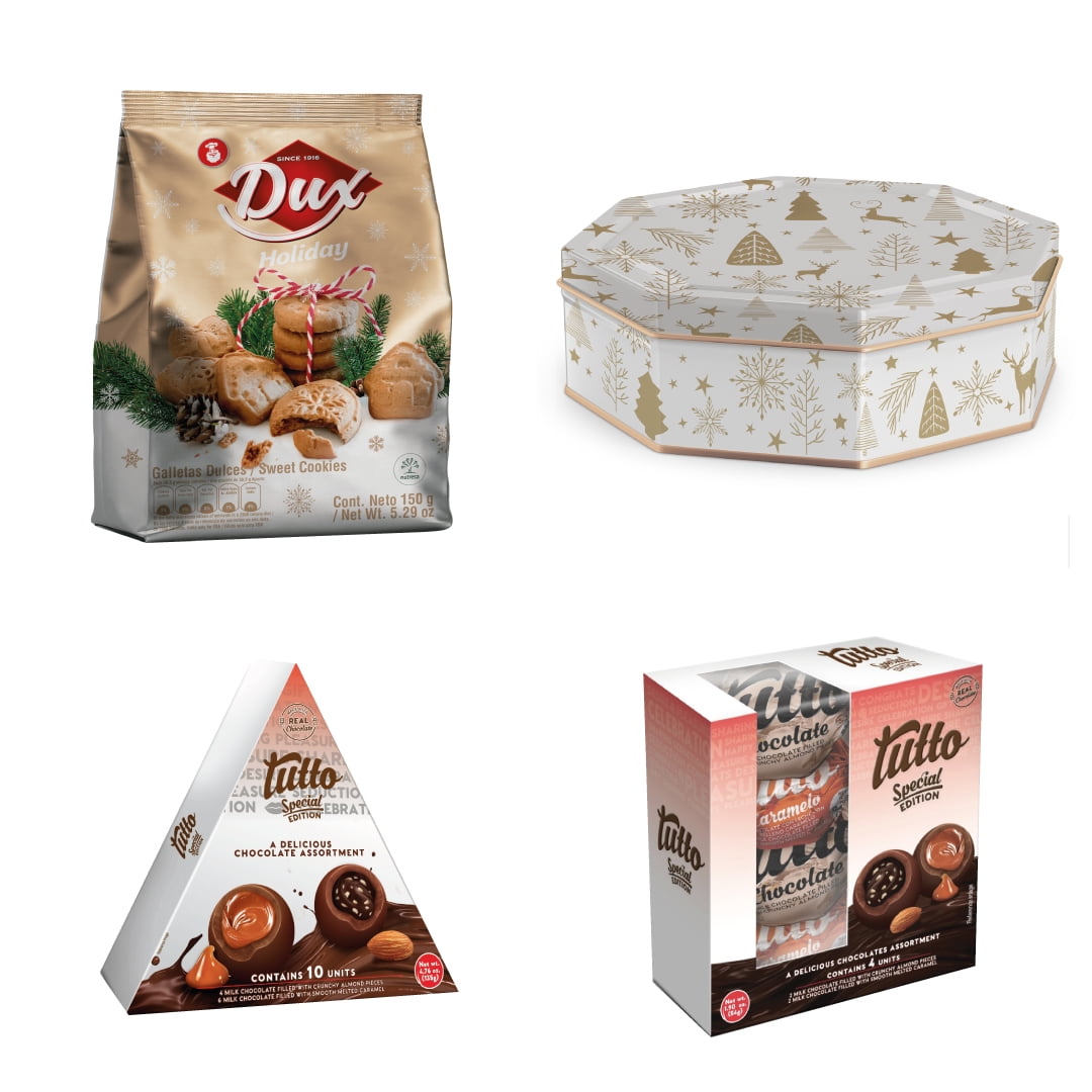 Holiday Christmas Cookies and Chocolates Box: Dux Christmas Bag, Octogonal Cookies Dux Tin, Filled Milk Chocolates Box x4 and x10