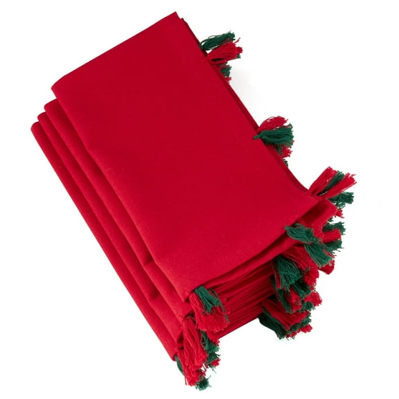Holiday Christmas Decorative 100% Cotton Napkins with Tassel - Set of 4 (Red + Red/Green Tassel)