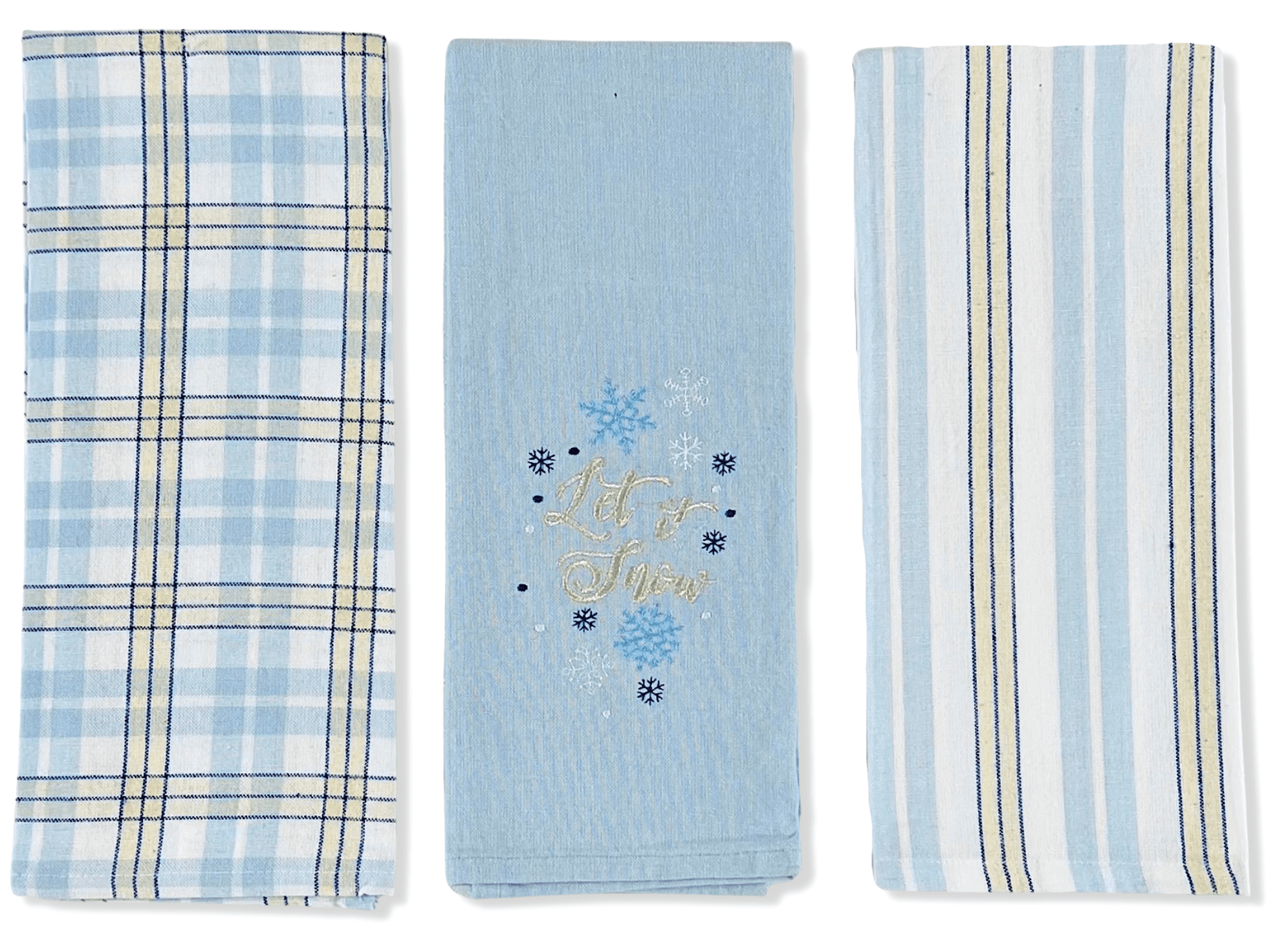 Holiday Christmas Decorative Kitchen Towels Set: Flour Sack Joyful Words Christmas Tree Print, Believe in The Magic of Christmas, One Plaid White Gingham Towel 3 Piece