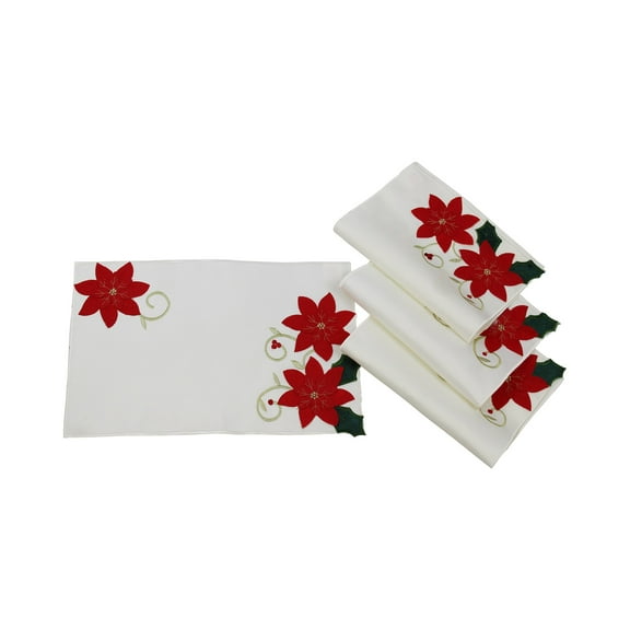 Holiday Christmas Decorative Red Poinsettias With Embroidered Design Runner