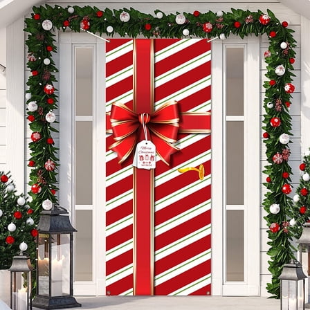 Holiday Christmas Door Cover, 71x36Inch Merry Bowknot Christmas Door Decorations Red Bowknot Front Door Banner Backdrop Outdoor Sign for Xmas Home Office Wall Doors Party Decorations