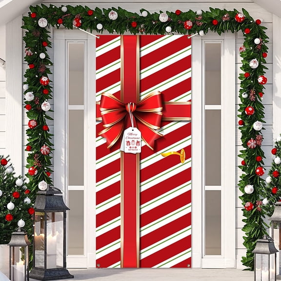 Holiday Christmas Door Cover, 71x36Inch Merry Bowknot Christmas Door Decorations Red Bowknot Front Door Banner Backdrop Outdoor Sign for Xmas Home Office Wall Doors Party Decorations