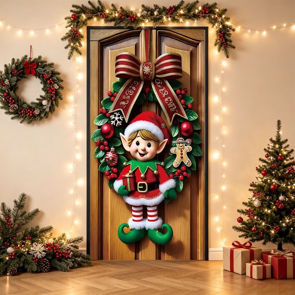 Holiday Christmas Door Curtain, 4-Piece, Style A, Printed Holiday Backdrop for Front Door, Wall, Party Photo Area and Seasonal Home Decor