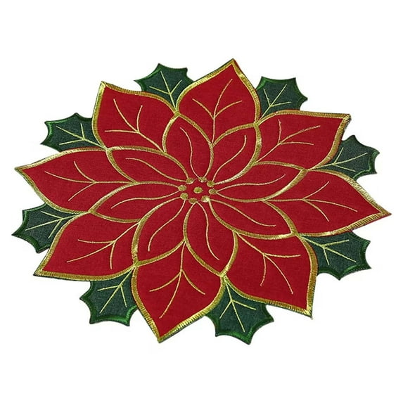 Holiday Christmas Embroidered Placemats Double Layer Applique Red Flower Design for Home Dining Table