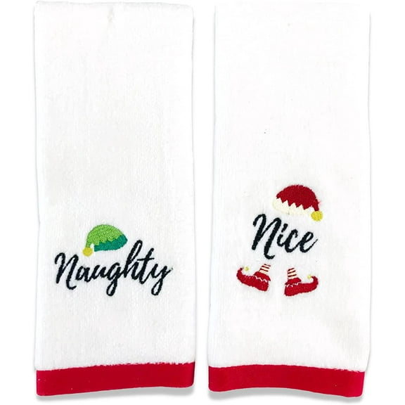 Holiday Christmas Fingertip Towels: White Terry Cotton Embroidered Naughty Nice Elf Hats with Red Border