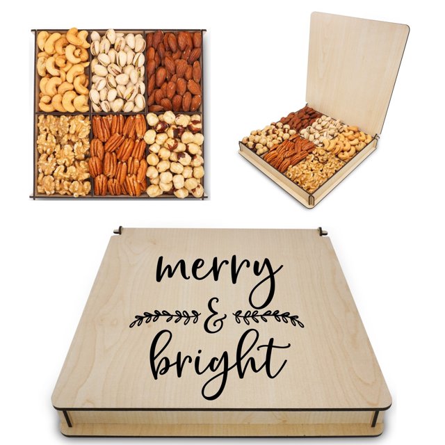 Holiday Christmas Nuts Gift Basket, Reusable Wooden Gift, Assortment