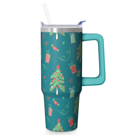 Holiday Christmas Ornaments 30oz Stainless Steel Coffee Cup with Handle and Straw, Winter Insulated Leak Proof Mug, Gift Tumbler for Women
