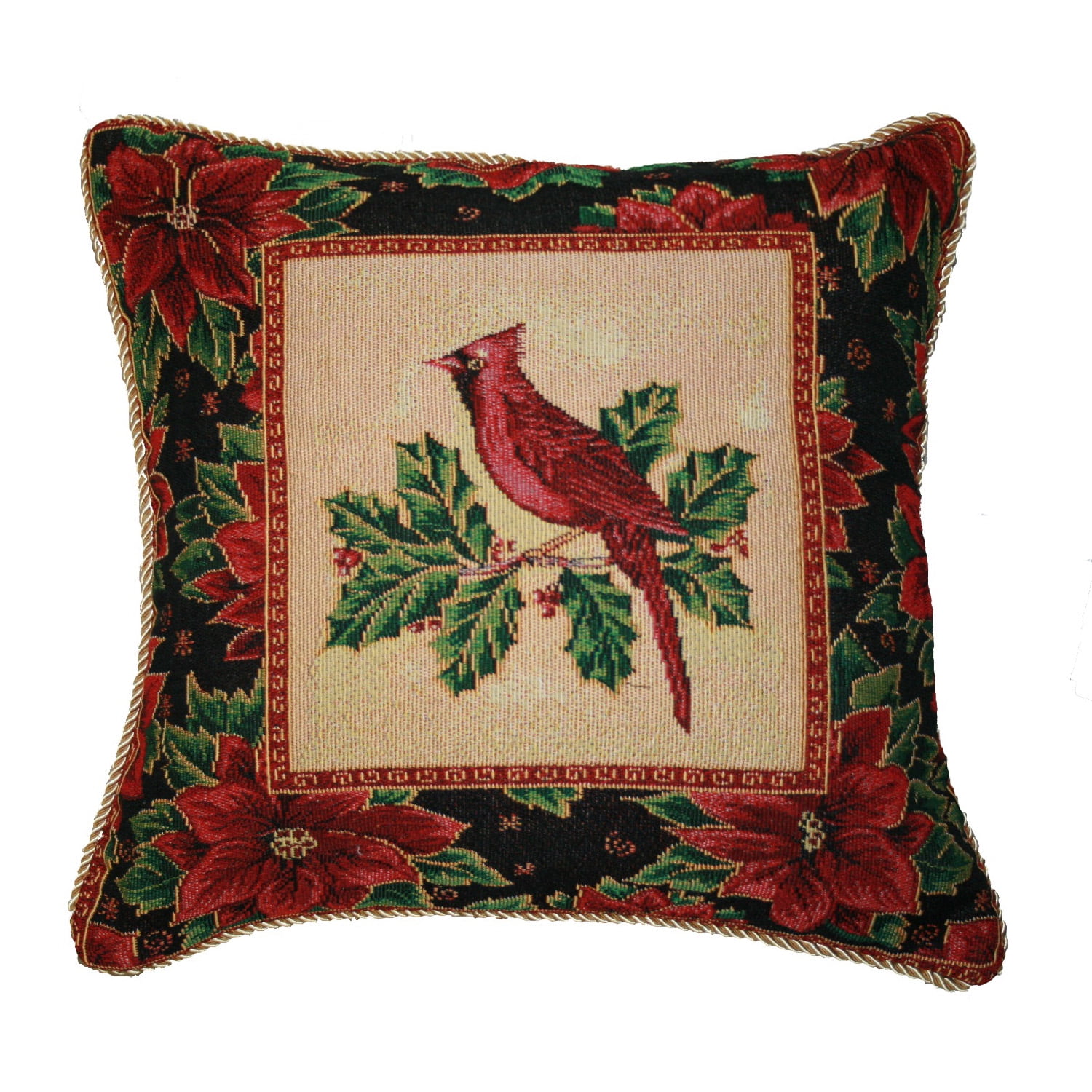 Cardinal Design Embroidered Christmas Square Throw Pillow