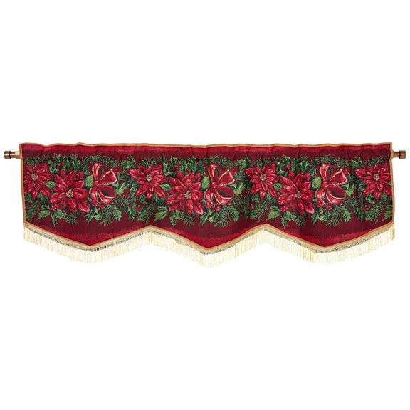 Violet Linen Christmas Poinsettia Tapestry Window Valance, Poinsettias, 60" x 15", Rod Pocket Curtain Straight Valance