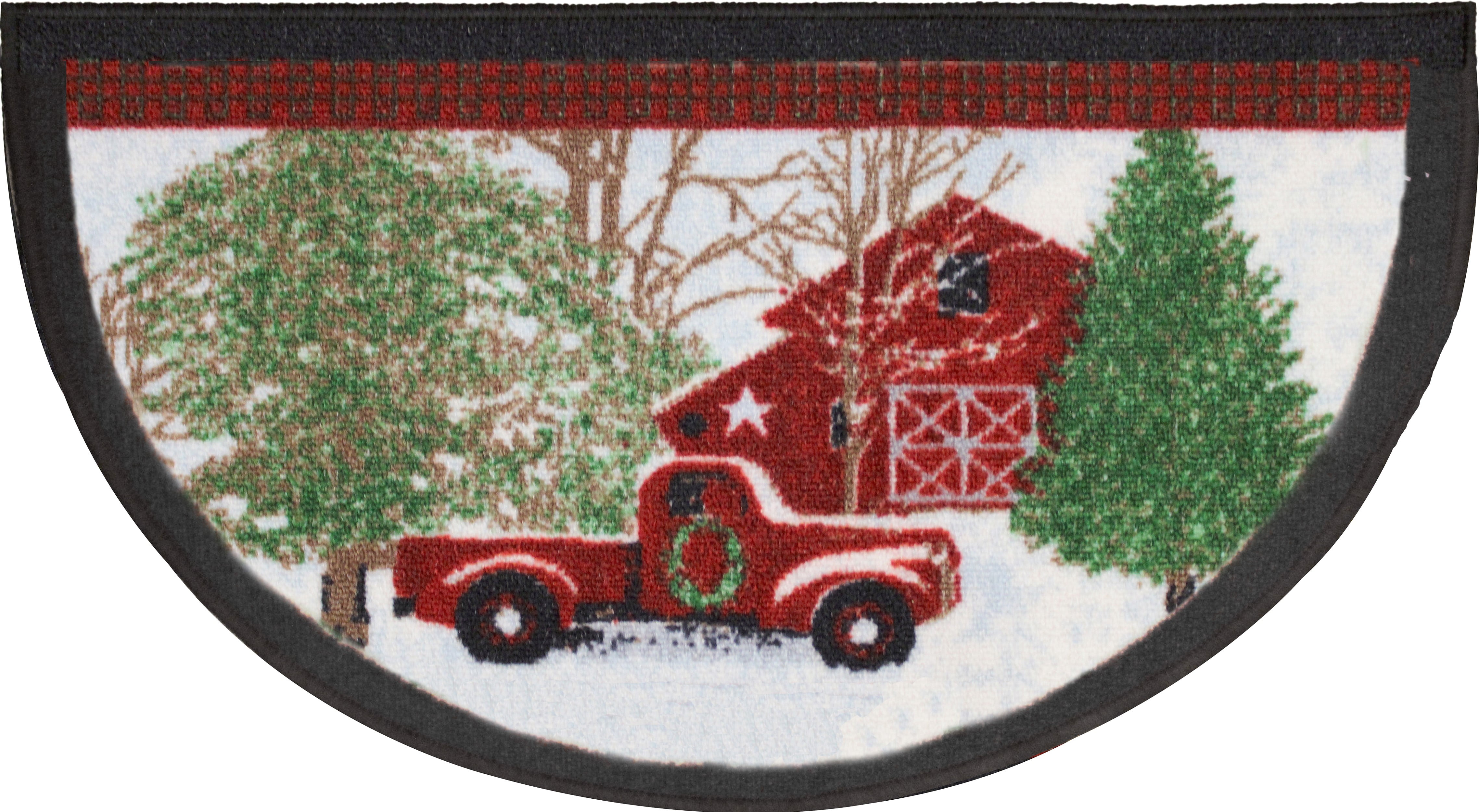 Holiday Christmas Printed Kitchen Rug 18x30 D-shape, Red Snow Truck 