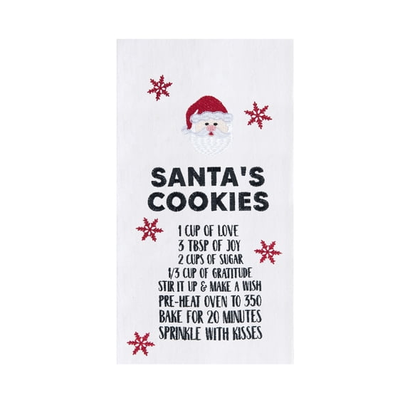 Holiday Christmas "Santa's Cookies" Recipe with Santa Claus Face Cotton Flour Sack Kitchen Dish Towel Decor Decoration 27L x 18W in.