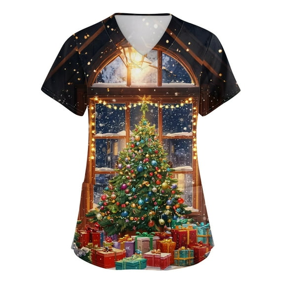 Holiday Christmas Scrub Tops Women Short Sleeve Snowman V-Neck Workwear Nursing Uniform Christmas Tree Snowflake Printed Plus Size Scrub Shirts Stretchy Nurse Fall Funny Clothes Turquoise 4XL