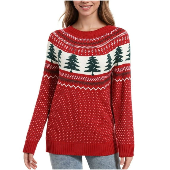 Holiday Christmas Sweater Women Crewneck Xmas Graphic Pullover Sweaters Long Sleeve Knitted Tops Fall Clothes Red, XL