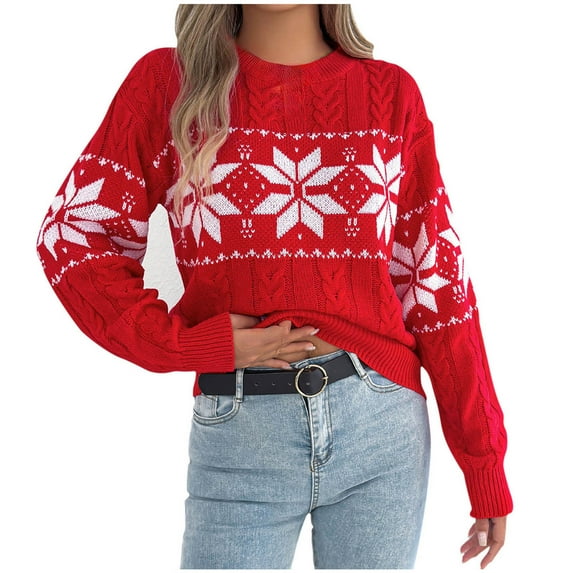 Holiday Christmas Sweater Women Cute Xmas Graphic Pullover Sweaters Long Sleeve Knitted Tops Fall Clothes Red, L