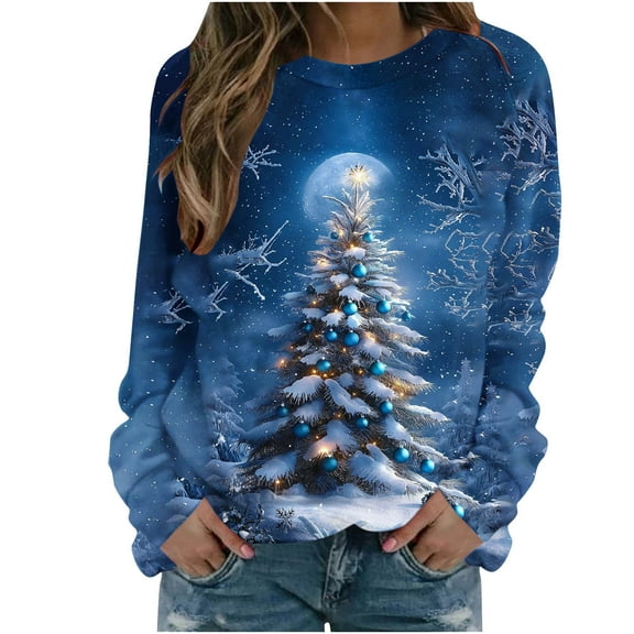 Holiday Christmas Sweatshirts Womens Ugly Xmas Tree Raglan Shirts Funny Pullover Tops Festival Outfits, S Blue