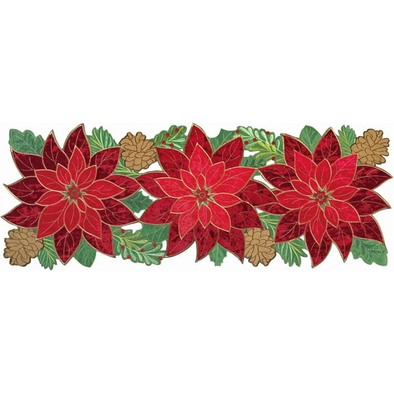 Joyfol Day Christmas Embroidered Table Runner – 14x59 Inch, Red & Gold Poinsettia Cutwork Design, Holiday Table Linen For Xmas Decor