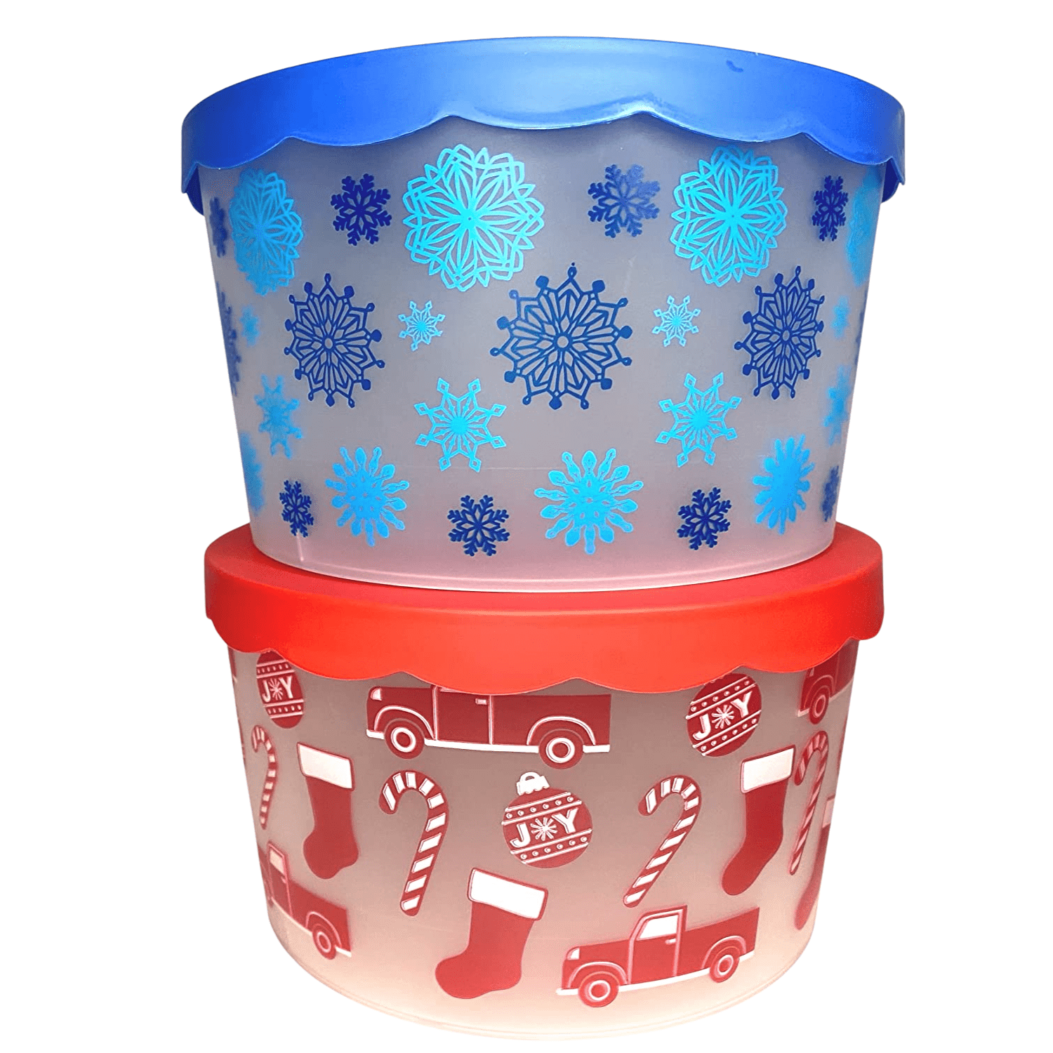 Holiday ChristmasThemed Plastic Cookie Storage Buckets with Lids, 2Ct Pack Red Candy Cane Blue