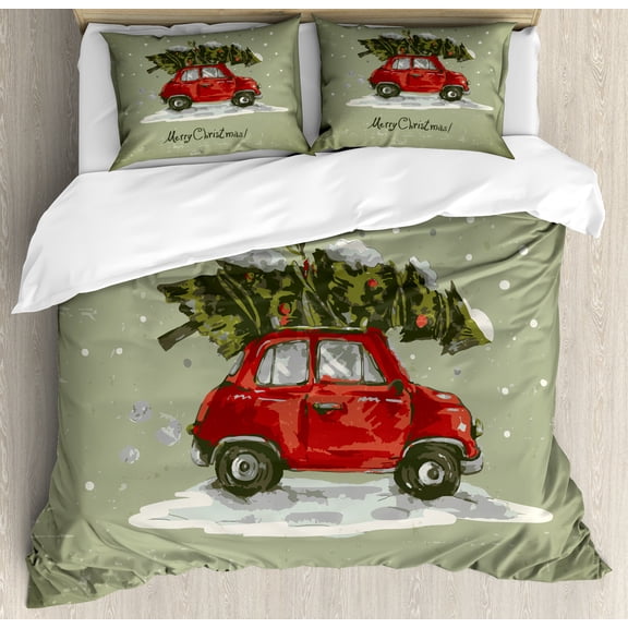 Holiday Christmas Time Duvet Cover Set, Ornate Post Card Inspired Tree on a Car Merry Xmas Lettering, Decorative 3 Piece Bedding Set with 2 Pillow Shams, Queen Size, Green Dark Salmon, by Ambesonne