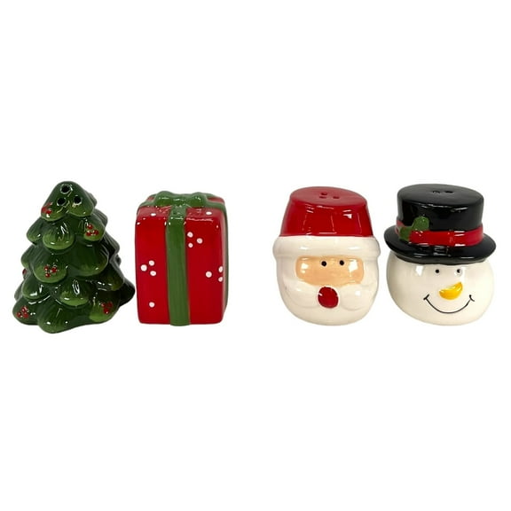 Holiday Christmas Tree with Gift and Santa with Snowman Salt and Pepper Shaker 2 Piece Set