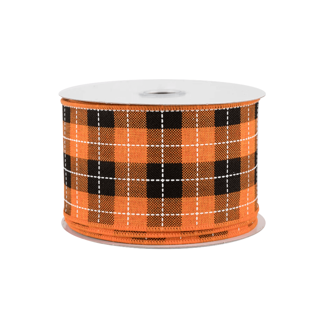 Holiday Autumn Plaid Wired Ribbon - 2 1/2" x 10 Yards, Orange, Black, White, Fall Decor, Halloween, Thanksgiving, Christmas Ribbon, Wreath, Bows, Gift Basket