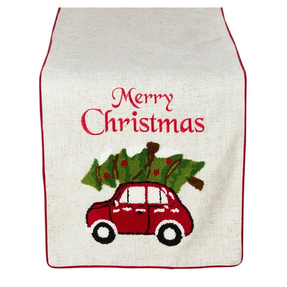 Holiday Classic Merry Christmas Textured Tree and Car Table Runner, 16"X72" Rectangular