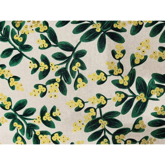 Holiday Classics Mistletoe Metallic Canvas Fabric by Rifle Paper Co., White Unbleached, 44 Inch Wide, 1/2 Yard Cut, Cotton + Steel