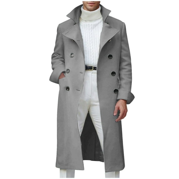 Holiday Clearance! AIEOTT Long Trench Coat Men Winter Wool Coat Double Breasted Peacoat Lapel Open Front Cardigan with Pockets Vintage Coat