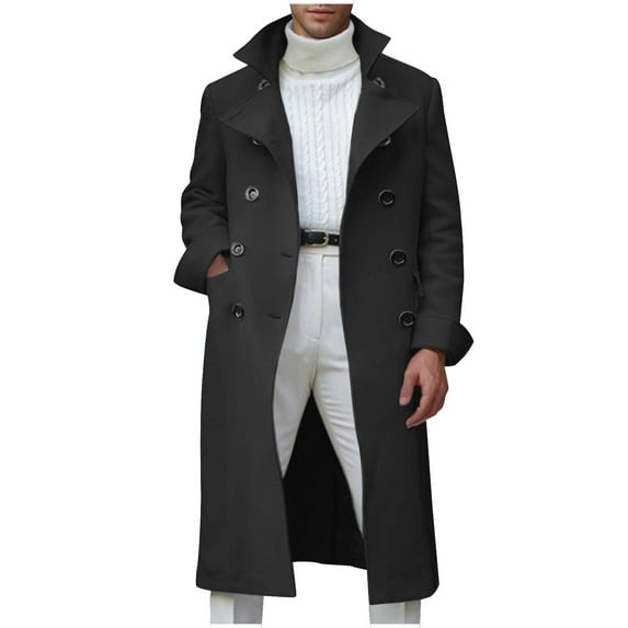 Holiday Clearance! AIEOTT Long Trench Coat Men Winter Wool Coat Double Breasted Peacoat Lapel Open Front Cardigan with Pockets Vintage Coat