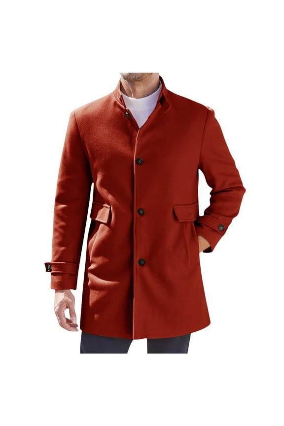 Holiday Clearance! AIEOTT Mens Stand Collar Trench Coat Big and Tall Trench Coat Button Down Woolen Jacket Mid Length Pea Coat with Pockets