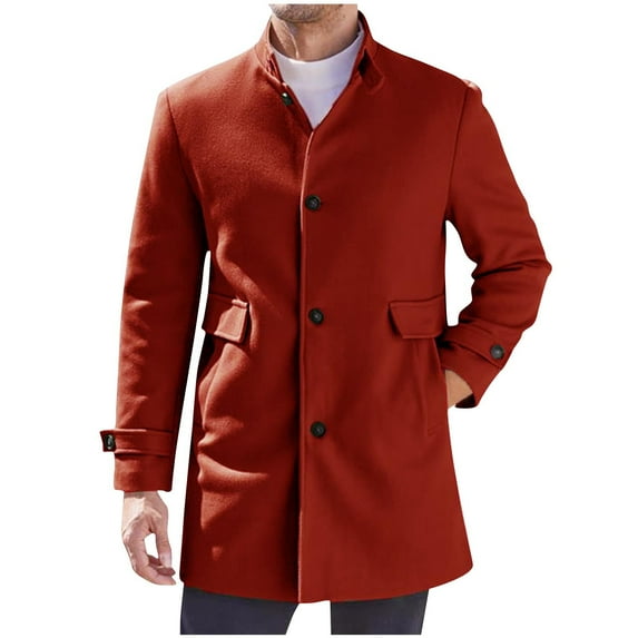 Holiday Clearance! AIEOTT Mens Stand Collar Trench Coat Big and Tall Trench Coat Button Down Woolen Jacket Mid Length Pea Coat with Pockets