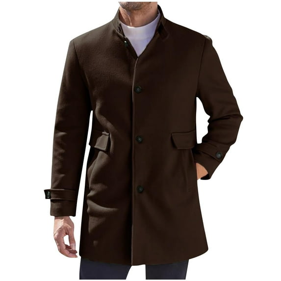 Holiday Clearance! AIEOTT Mens Stand Collar Trench Coat Big and Tall Trench Coat Button Down Woolen Jacket Mid Length Pea Coat with Pockets