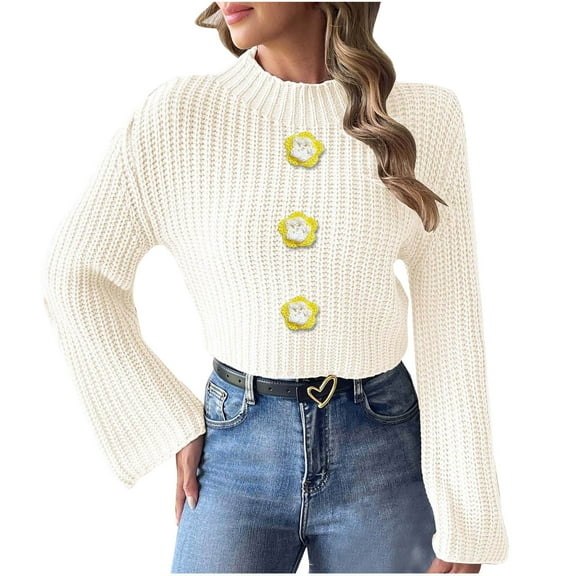 Holiday Clearance! ChaoHeng Womens Oversize Large Round-Neck Lantern Sleeve Short Pullover Sweater Tops 2024 Fashionable(White,M)