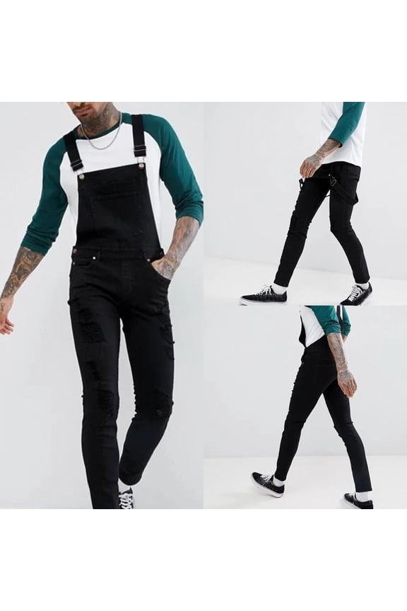 Holiday Clearance! ZVNAΖH Men's Denim Bib Overalls Black Slim fit Overalls Holes Ripped Jumpsuits Workwear with Pockets