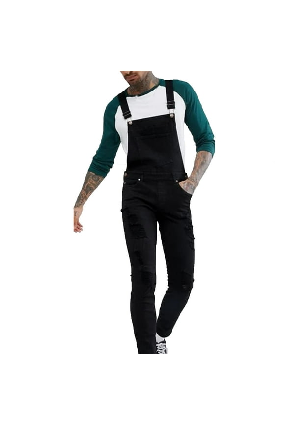 Holiday Clearance! ZVNAΖH Men's Denim Bib Overalls Black Slim fit Overalls Holes Ripped Jumpsuits Workwear with Pockets