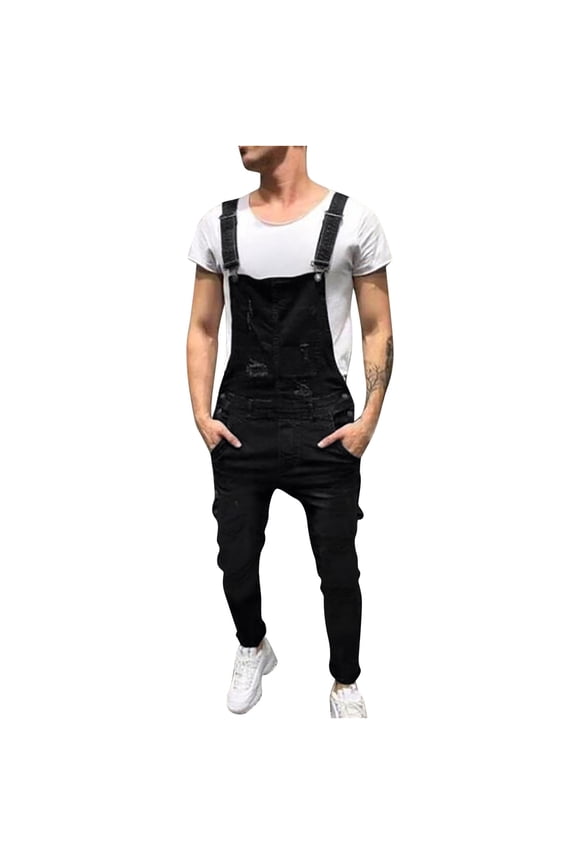 Holiday Clearance! ZVNAH Men's Denim Bib Overalls Ripped Jeans Fashion Boot Cut Casual Slim Fit Adjustable Straps Jumpsuit