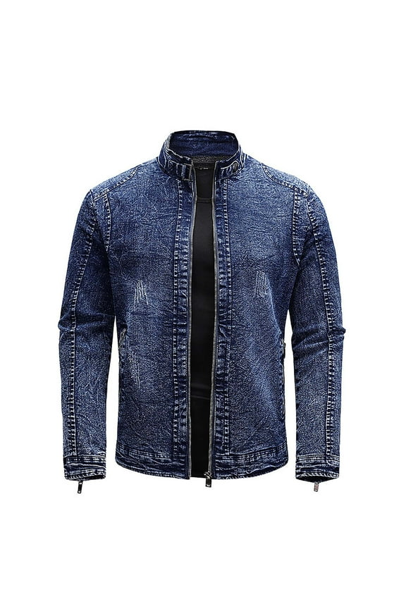 Holiday Clearance! ZVNAΖH Men's Denim Jacket Zipper Retro Band Collar Regular Moto Jacket Slim Fit Full Zip Up Jean Coats