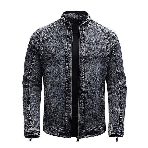 Holiday Clearance! ZVNAΖH Men's Denim Jacket Zipper Retro Band Collar Regular Moto Jacket Slim Fit Full Zip Up Jean Coats