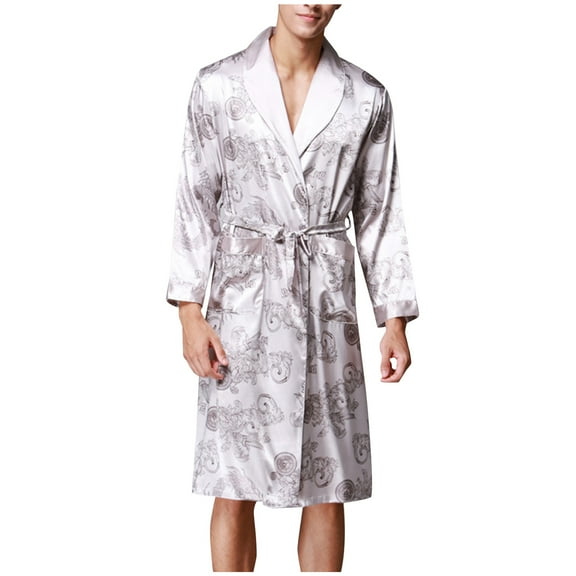 Holiday Clearance! ZVNAΖH Men's Silk Feeling Bathrobes Long Sleeve Satin Kimono Robe Sleepwear Printed Bathrobes
