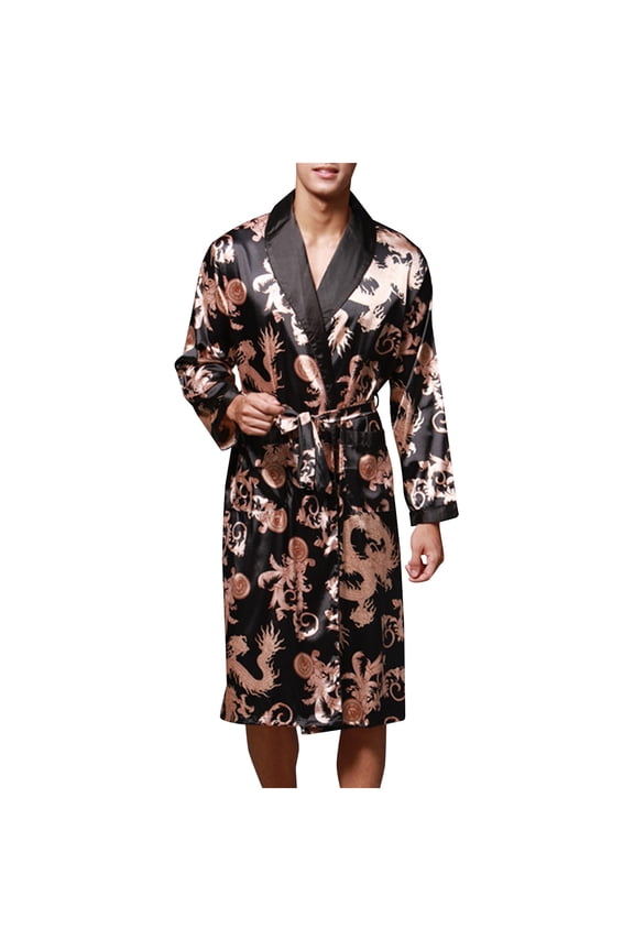 Holiday Clearance! ZVNAΖH Men's Silk Feeling Bathrobes Long Sleeve Satin Kimono Robe Sleepwear Printed Bathrobes