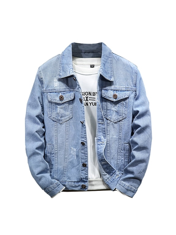Holiday Clearance! ZVNAΖH Men's Slim Fit Denim Jacket Lapel Ripped Lightweight Jacket Fashion Trend Streetwear Outwear