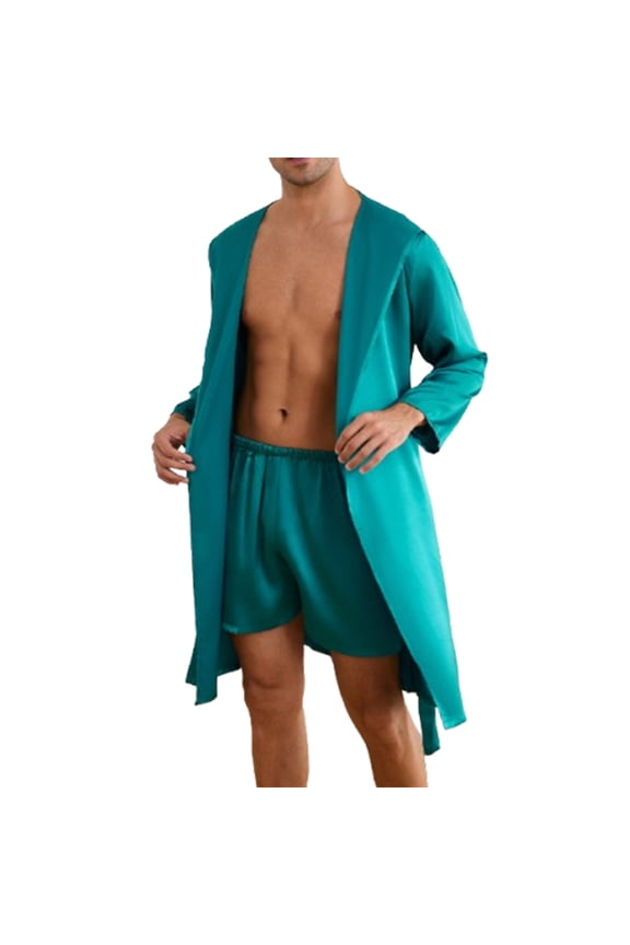 Holiday Clearance! ZVNAΖH Mens Hooded Robe Satin Bathrobe with Shorts Set Silky Kimono Robe Sleepwear