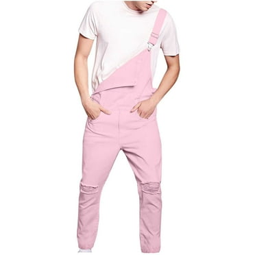 Holiday Clearance! ZVNAΖH Mens Personalized Pink Overalls Funky Ripped Denim Bib Pants Fashion Sleeveless Cargo Romper Jumpsuit with Pockets