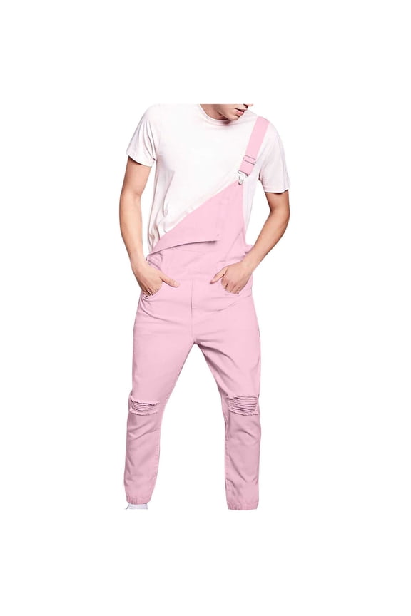Holiday Clearance! ZVNAΖH Mens Personalized Pink Overalls Funky Ripped Denim Bib Pants Fashion Sleeveless Cargo Romper Jumpsuit with Pockets