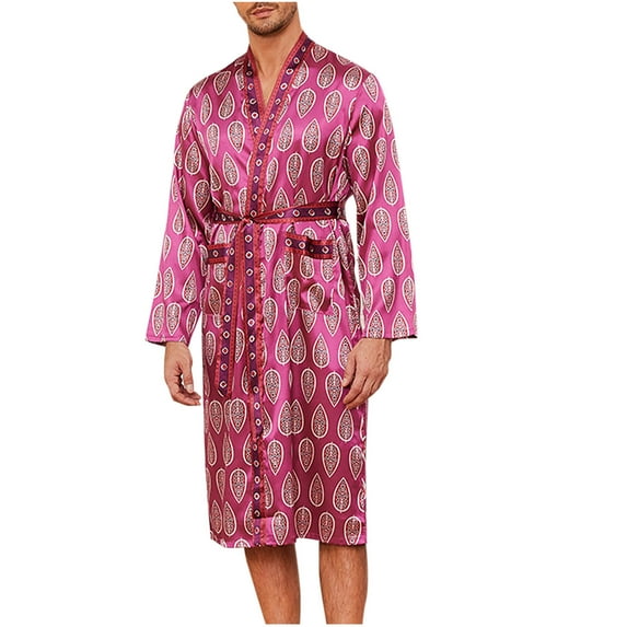 Holiday Clearance! ZVNAΖH Mens Satin Robe Lightweight Silky Kimono Bathrobe Long Sleeve Vintage Print Loungewear